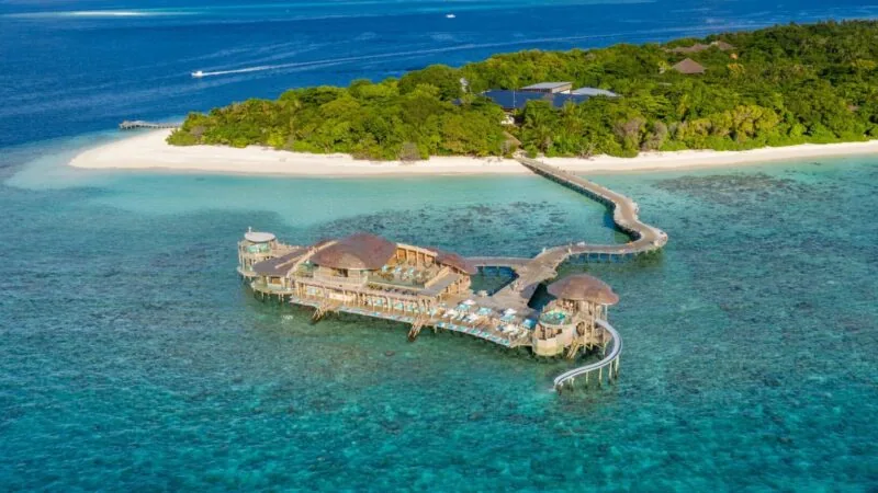 Out of the Blue, over-water Japanese dining pavilion with sashimi counter at Soneva Fushi.