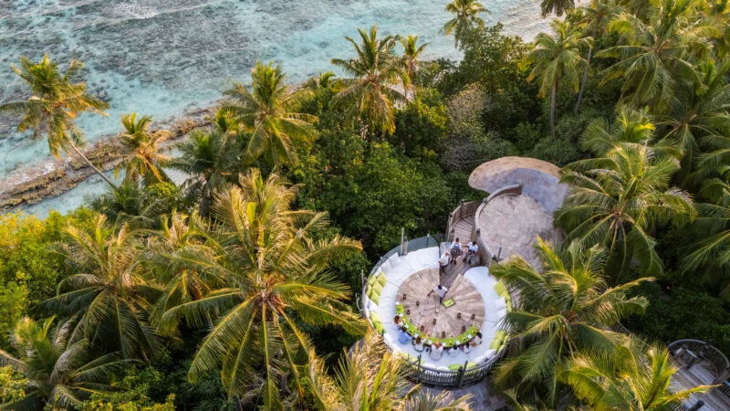 Flying Sauces multi-storey treehouse dining pavilion seen from above at Soneva Fushi.