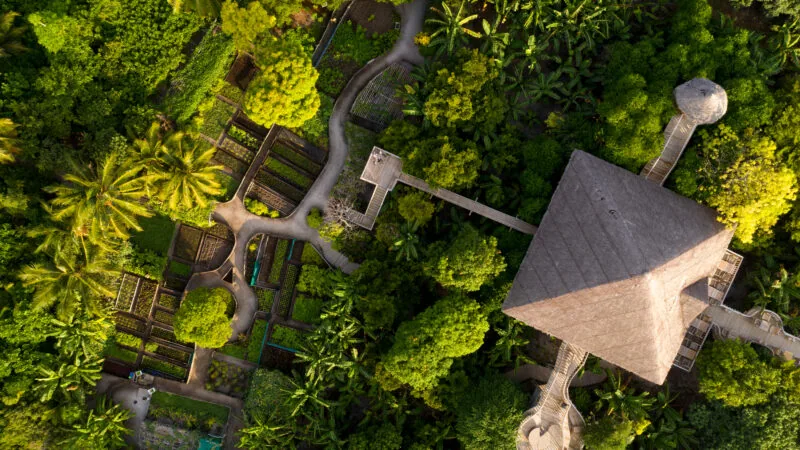 Aerial of Fresh in the Garden farm and dining pavilion at Soneva Fushi, working garden rows around the central pavilion.