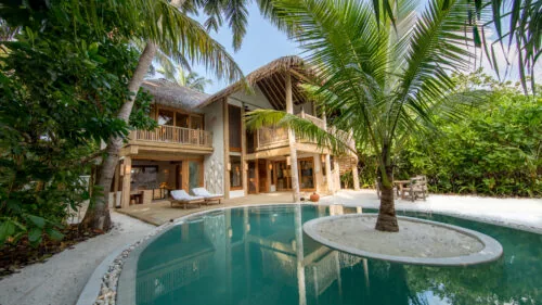 Two-bedroom Crusoe Residence with pool, jungle-set behind beachfront at Soneva Fushi.