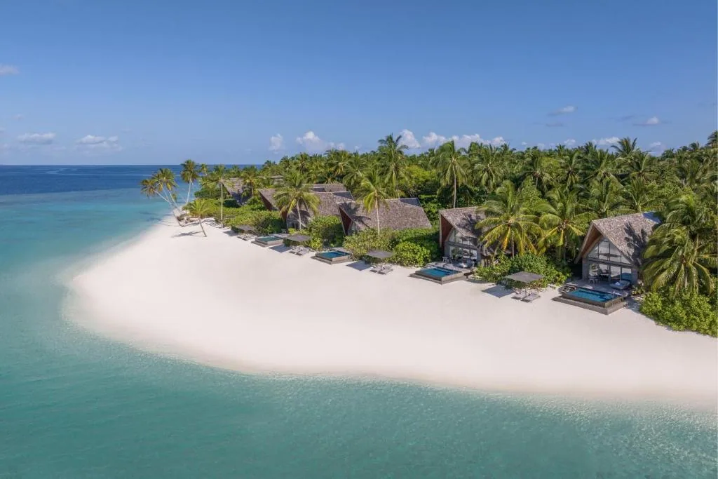 The St. Regis Maldives Vommuli Resort, villa beach, Dhaalu Atoll, Maldives, Beach Villa row from above: the WOW Architects sand-dune-roof villas line the white-sand crescent, each with a private pool and sun-deck, the palm-canopy interior pressing right to the back wall. The architectural signature that distinguishes Vommuli from the rectangular-pavilion Maldivian norm.