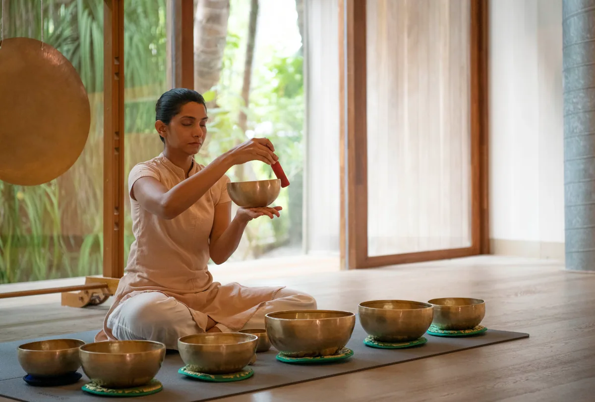 The St. Regis Maldives Vommuli Resort, spa, Dhaalu Atoll, Maldives, Iridium Spa sound-bath: a practitioner in pale linen seated cross-legged behind a row of bronze singing bowls, a gong to the left, glass-walled pavilion opening to palm canopy beyond. The treatment-pavilion interior at the depth that the chain-luxury Maldivian average does not run.