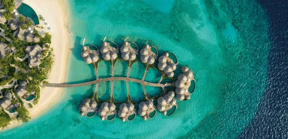 The Nautilus Maldives, aerial, Baa Atoll, Maldives, The Nautilus Maldives, the small natural-island Thiladhoo geometry in northern Baa Atoll UNESCO Biosphere Reserve with the deliberately-spaced 26-house inventory.