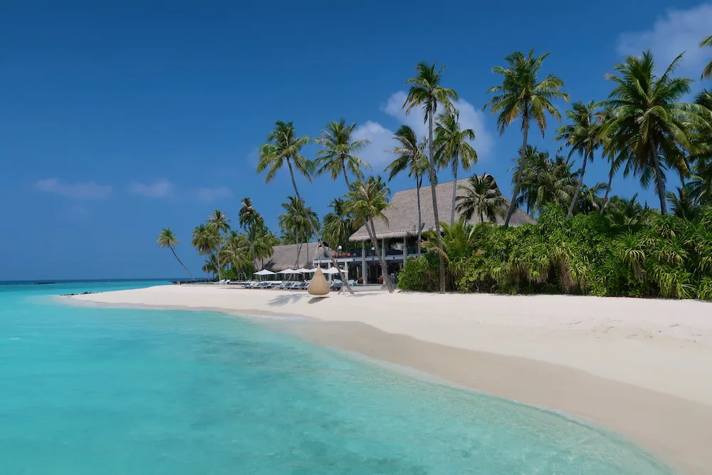 Velaa Private Island, setting, Noonu Atoll, Maldives, White-sand beach curving around the Velaa beachfront pavilion, framed by coconut palms with the small-island geometry visible to the lagoon point.