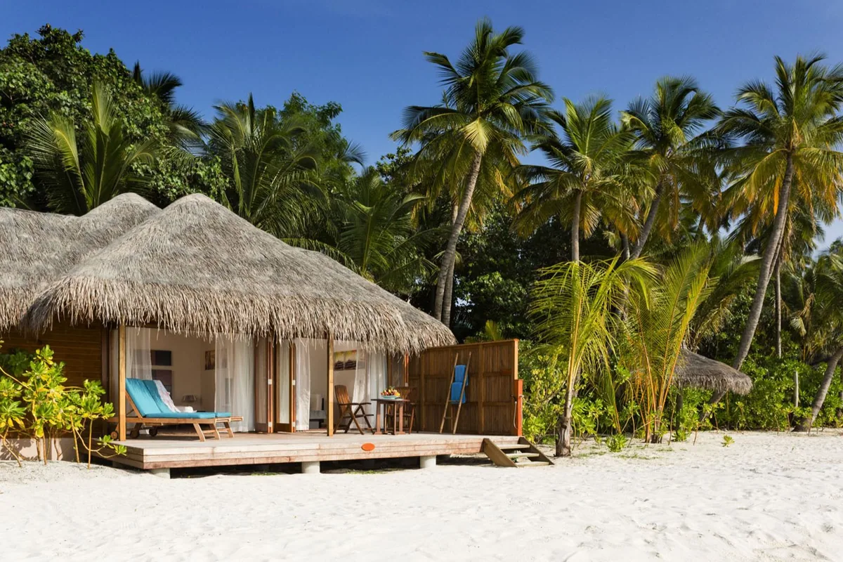 Veligandu Island Resort & Spa, villa beach, Alif Alif Atoll (North Ari, Rasdhoo cluster), Maldives, Jacuzzi Beach Villa, thatched-roof pavilion with deck and two turquoise-cushioned sun-loungers under the palm canopy, wooden privacy-screen panel framing the entry path, white sand to the lagoon at the foreground.